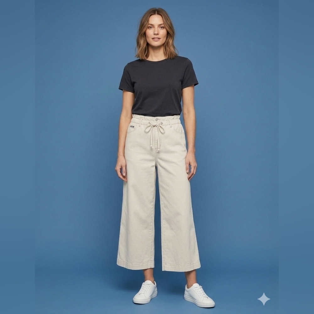 KENSIE THE KAYA High Rise Women's Cream Wide-Leg Jeans SIZE 14/32 with elastic.
